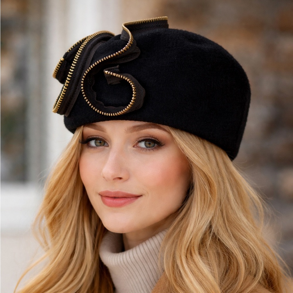 Gorgeous Parkhurst wool Black Hat with Gold Zipper Detail❤️M